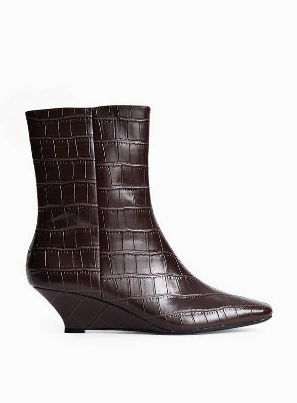 Dark Brown Wedge Faux Croc Ankle Boots 6
